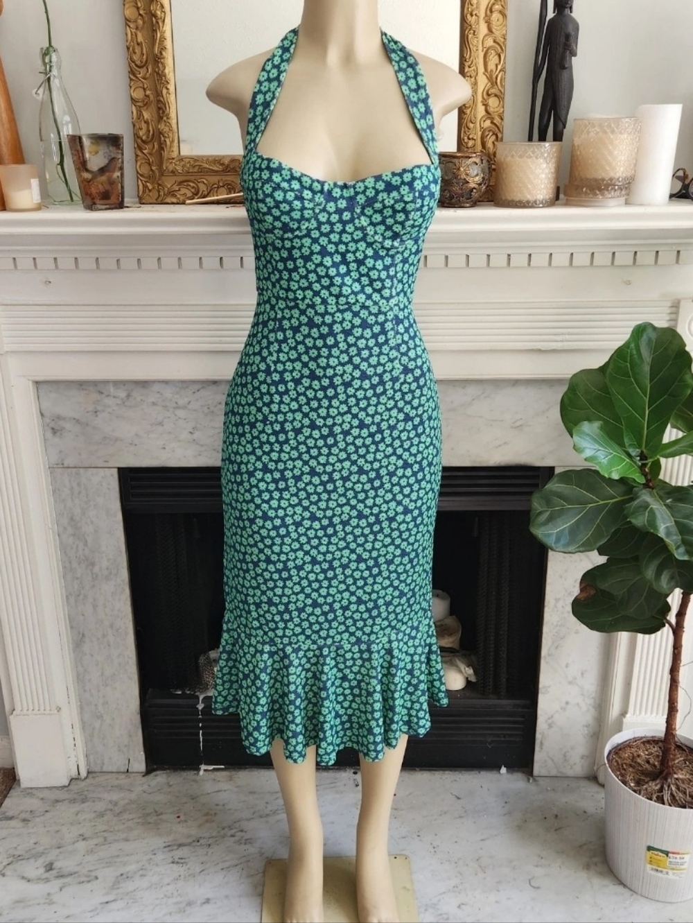 Anthropologie Hutch Blue Floral Dress Sz Medium Green Halter Ruffle Stretch Midi - Picture 2 of 8